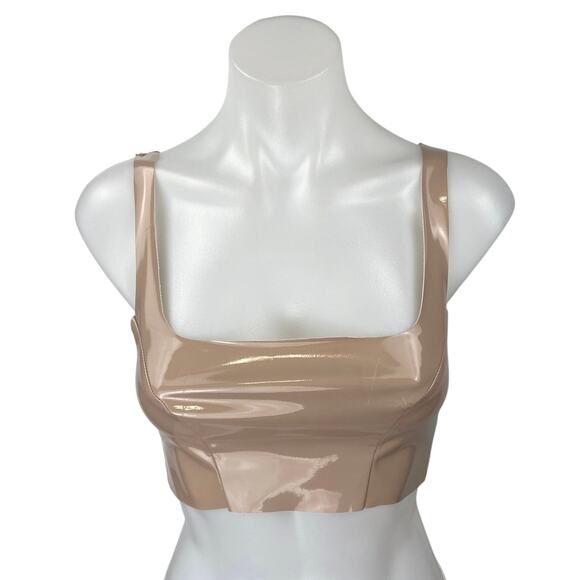 Meshki Tan Beige Khaki Patent Faux Leather Vegan Sleeveless Tank Crop Top Sz XS - Picture 1 of 3